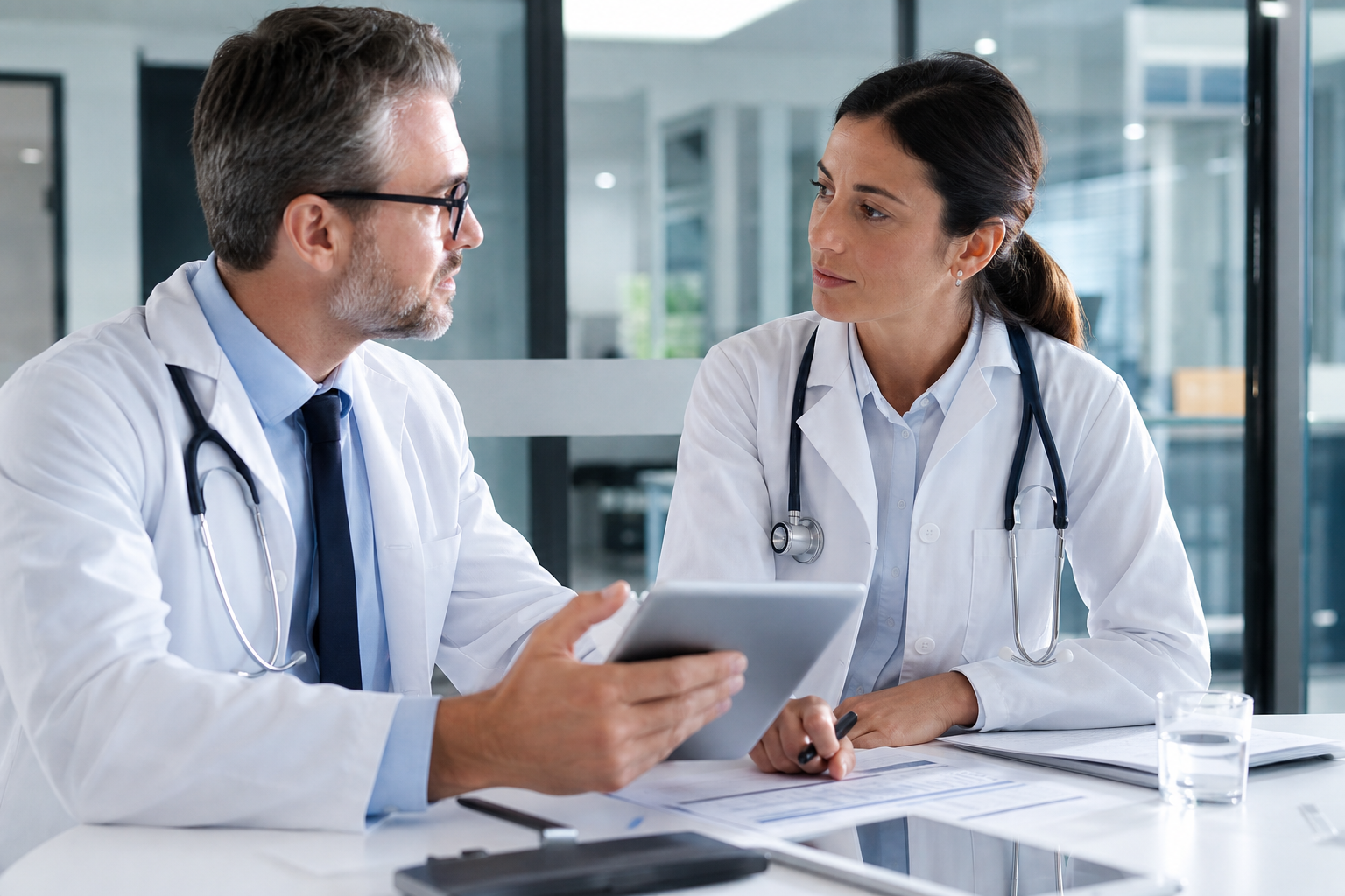 Physicians discussing clinical trial standards